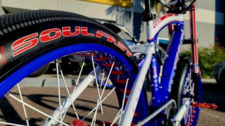 A close up of the tire on a bicycle.