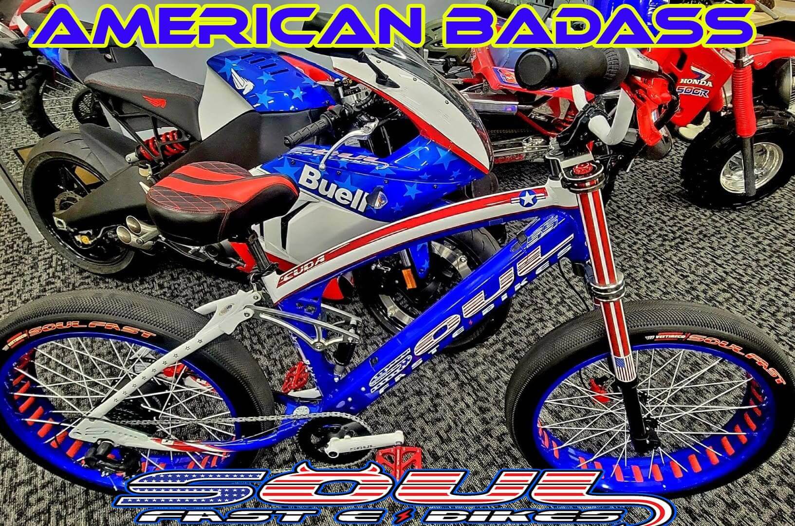 Red, white, and blue themed custom bike.