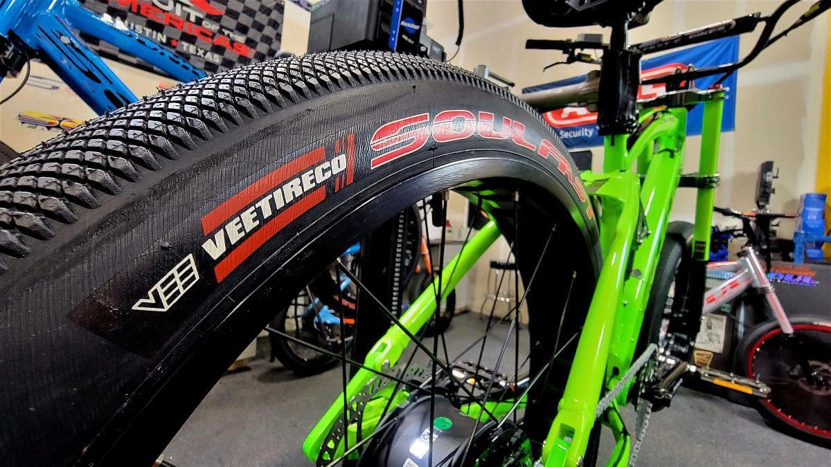 A close up of the tire on a bicycle
