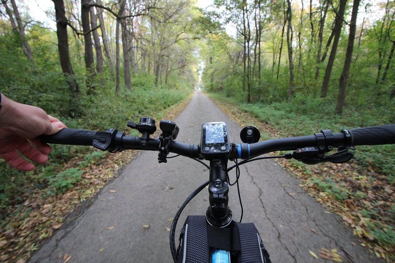 A person riding a SOULFAST e-bike down a path in the woods.
