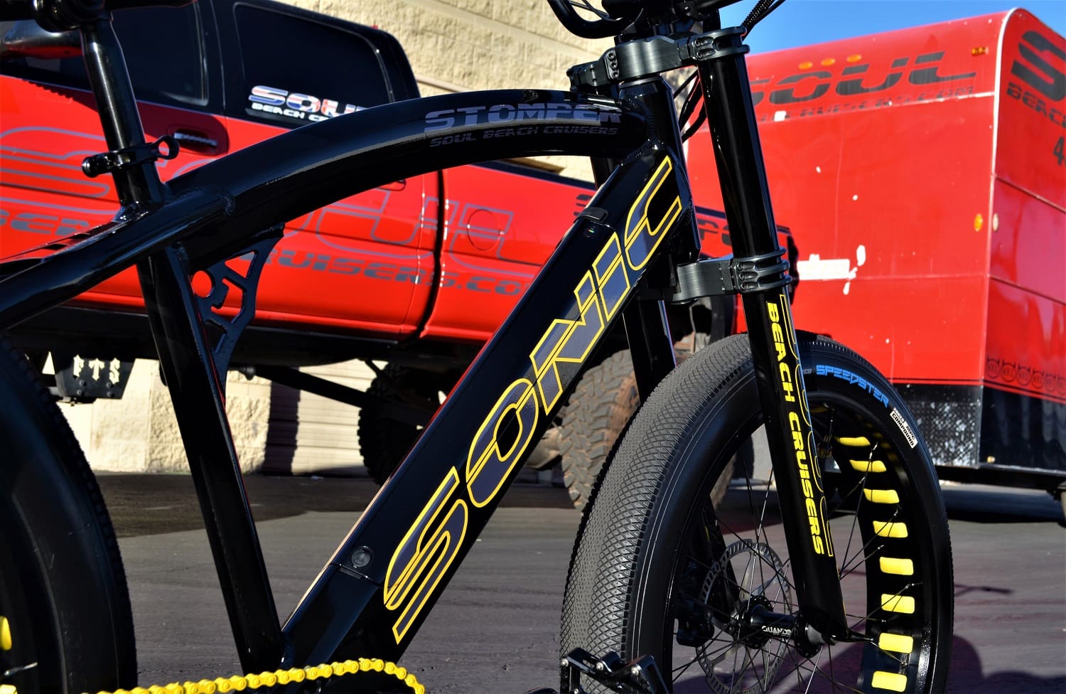 Black and yellow Sonic electric bicycle close-up.