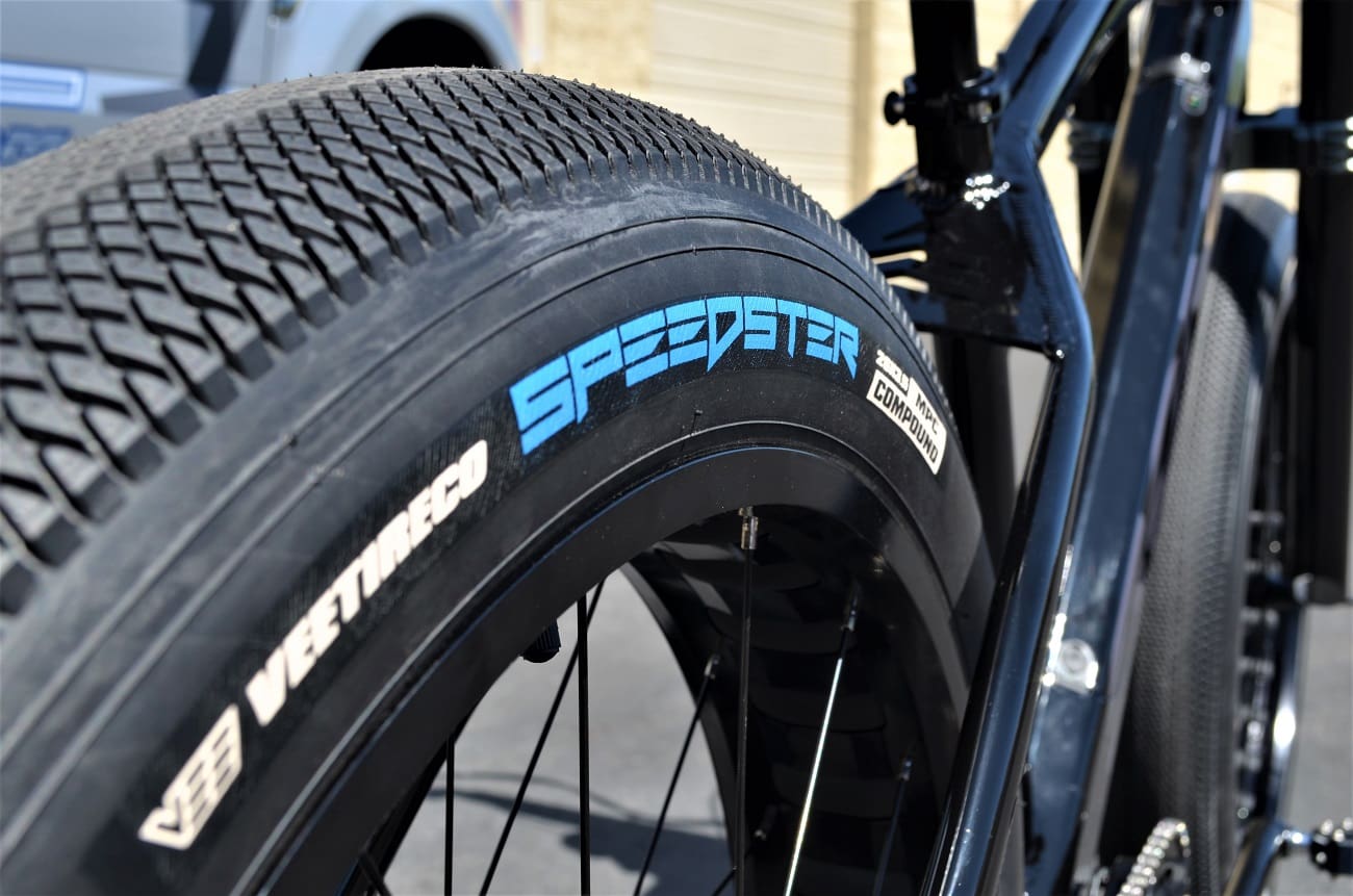 Bicycle tire with Speedster branding.