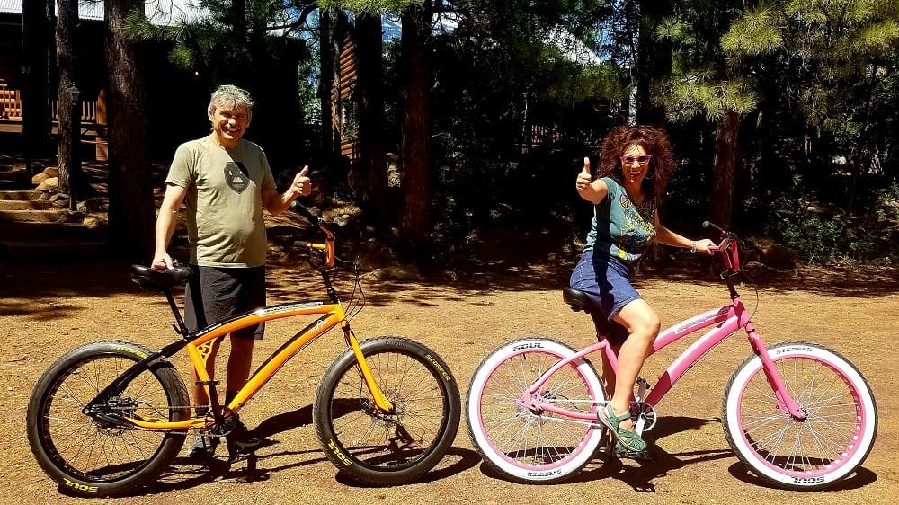 Two people with bicycles in a forest.