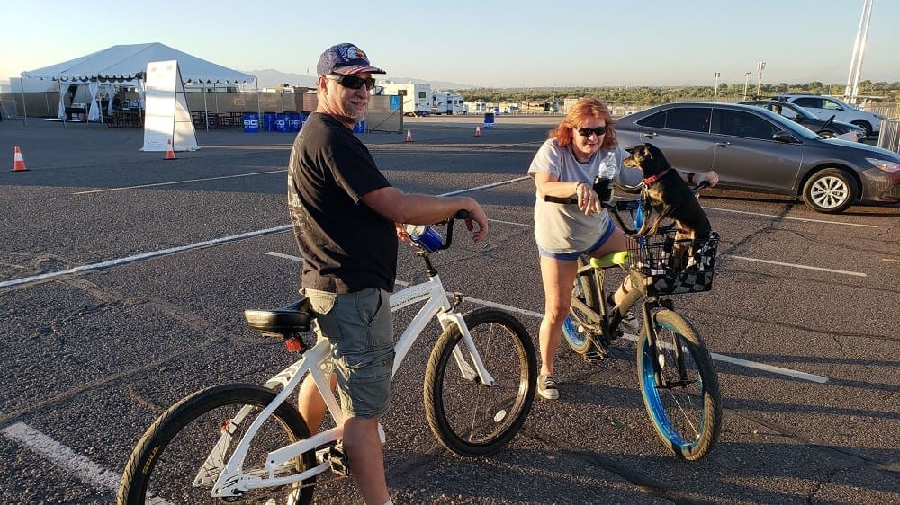 Two cyclists with dog in front basket.