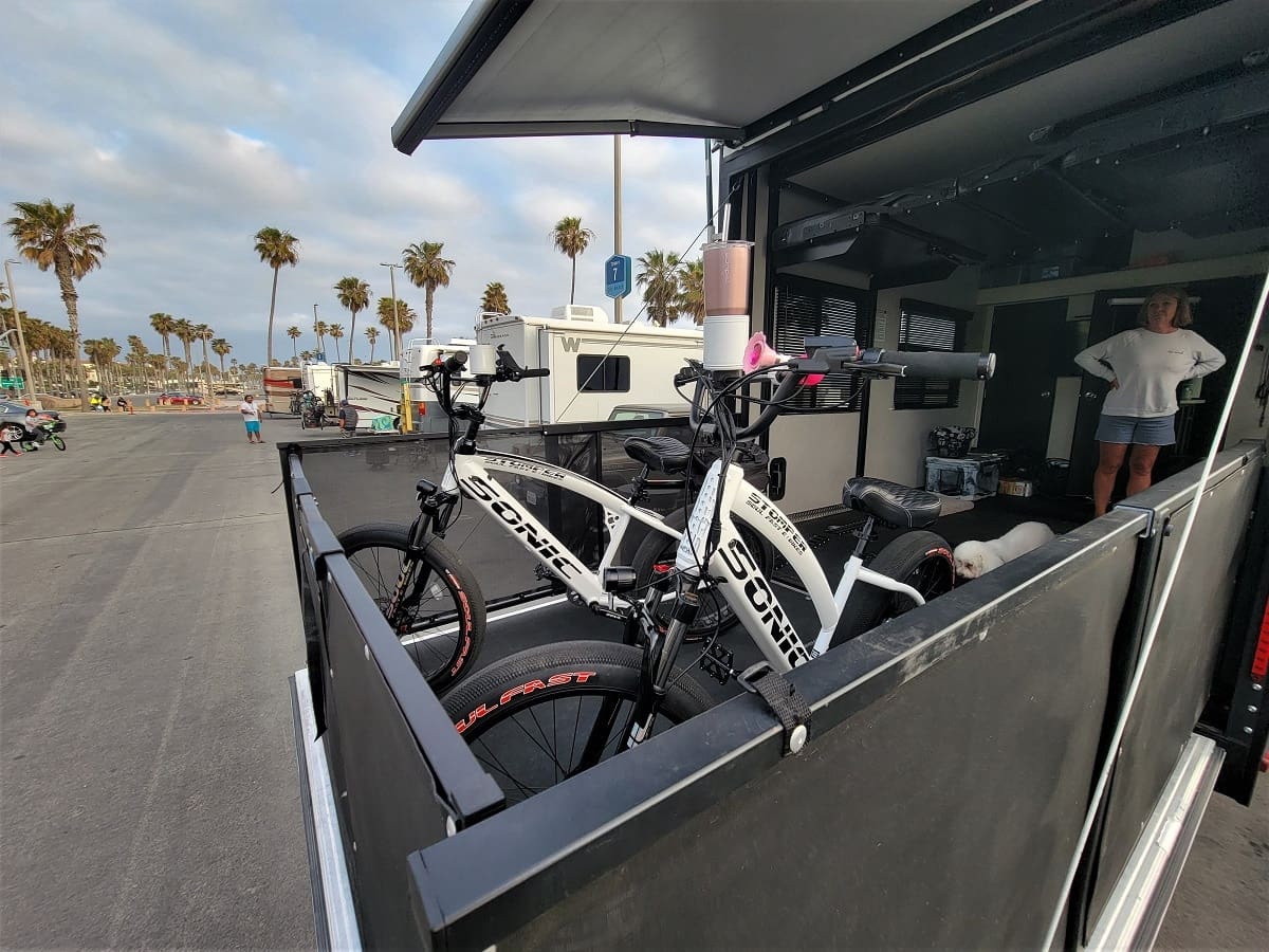 Bicycles on trailer near palm trees.