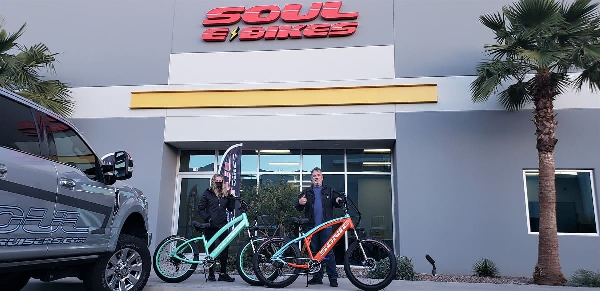 Soul E-Bikes storefront with two electric bikes.