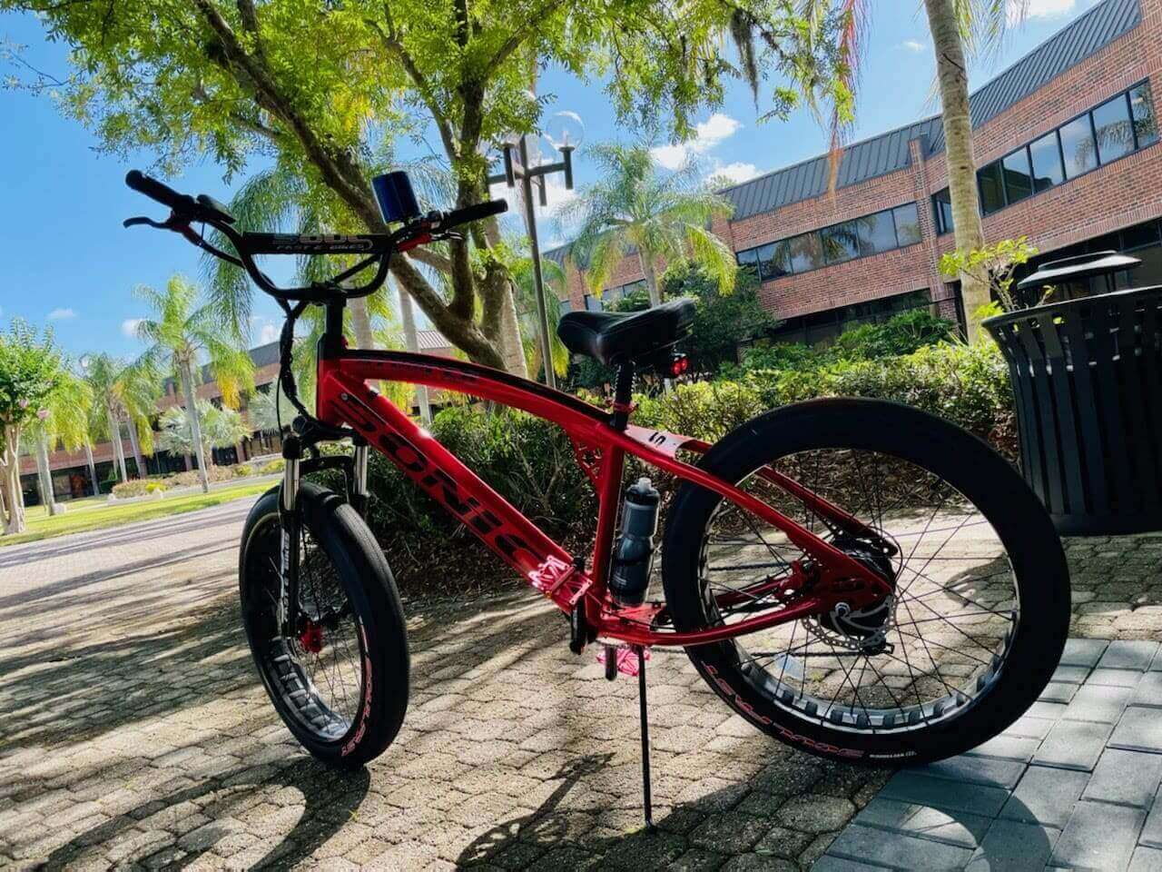 Red bicycle parked on sunlit path.