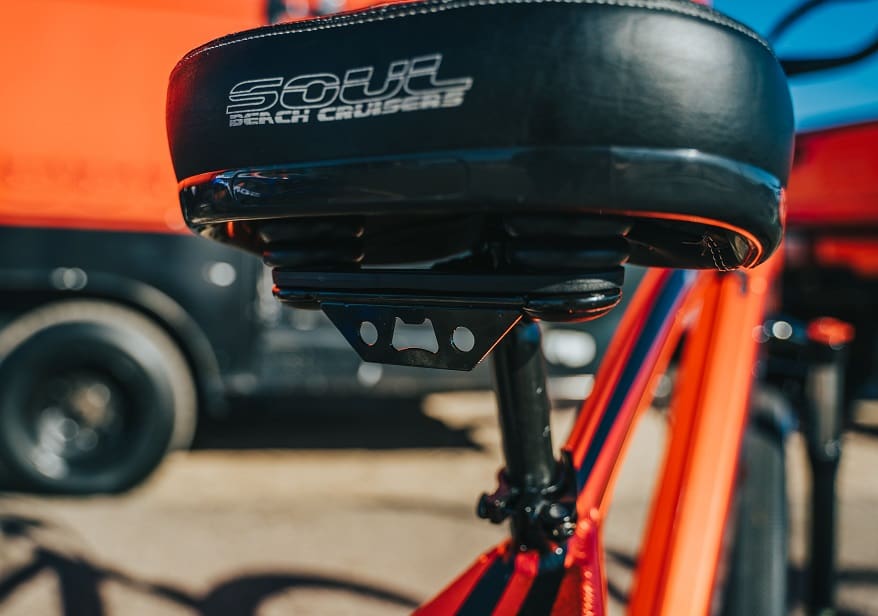 Bicycle seat with "Soul Beach Cruiser" logo.