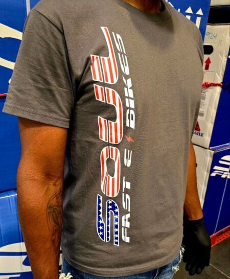 Man wearing "Soul Fast Bikes" gray T-shirt.