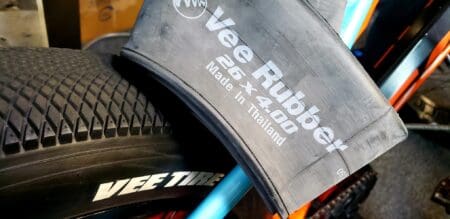 Bicycle tire and tube with branding.