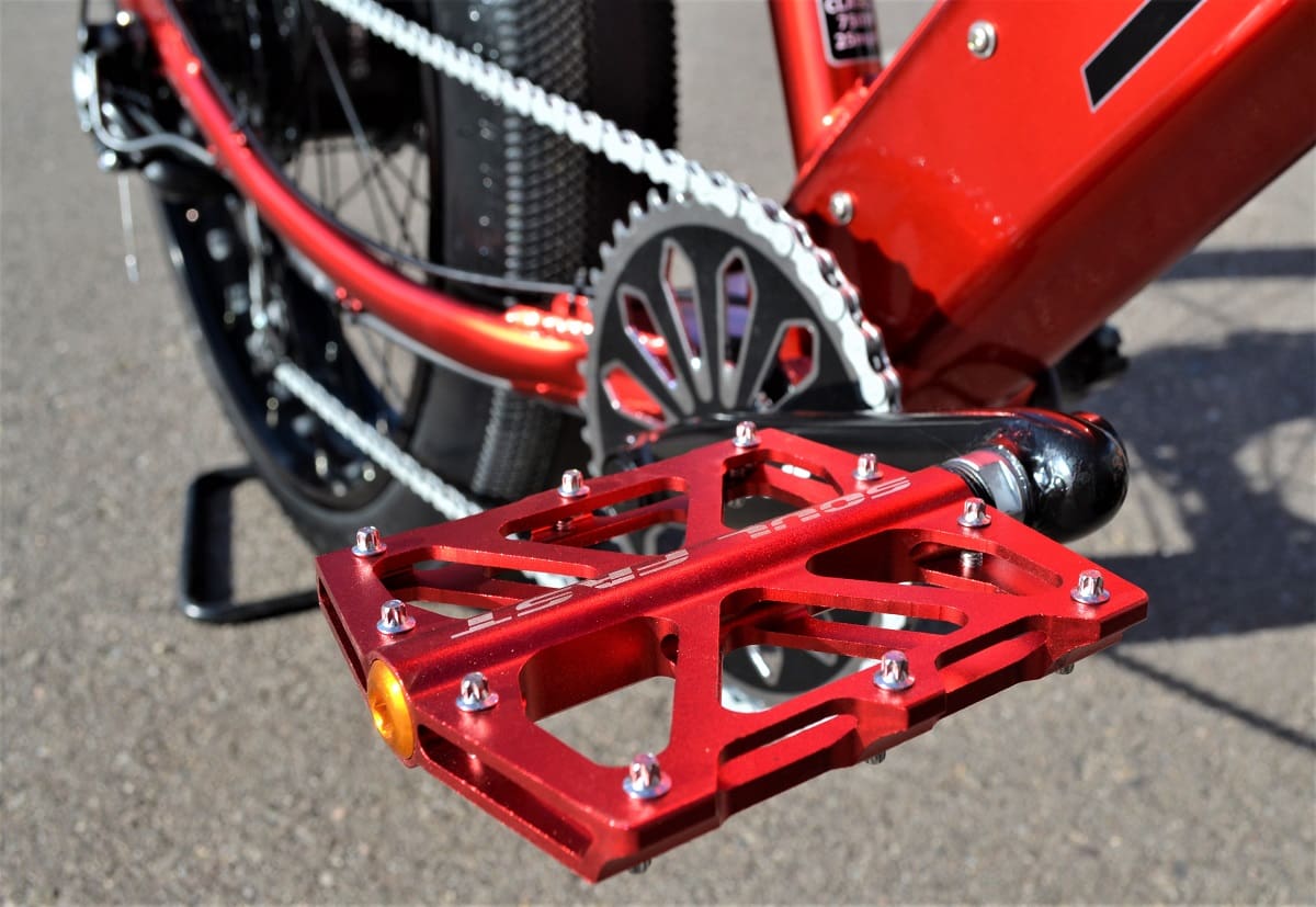 Red bicycle pedal and gear mechanism close-up.