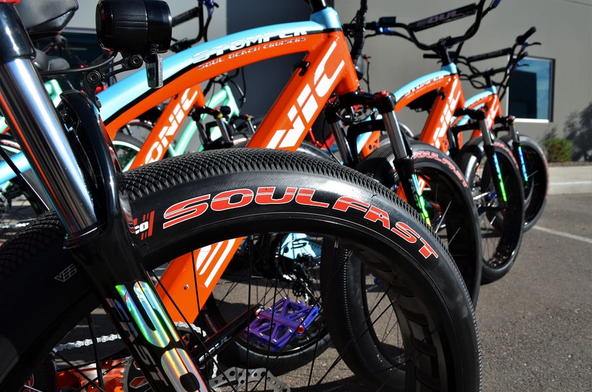 Electric bikes with Soulfast tires lined up.