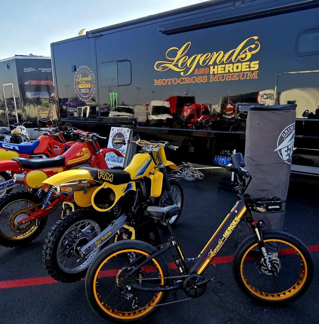 Motorcycles displayed outside Legends and Heroes truck.