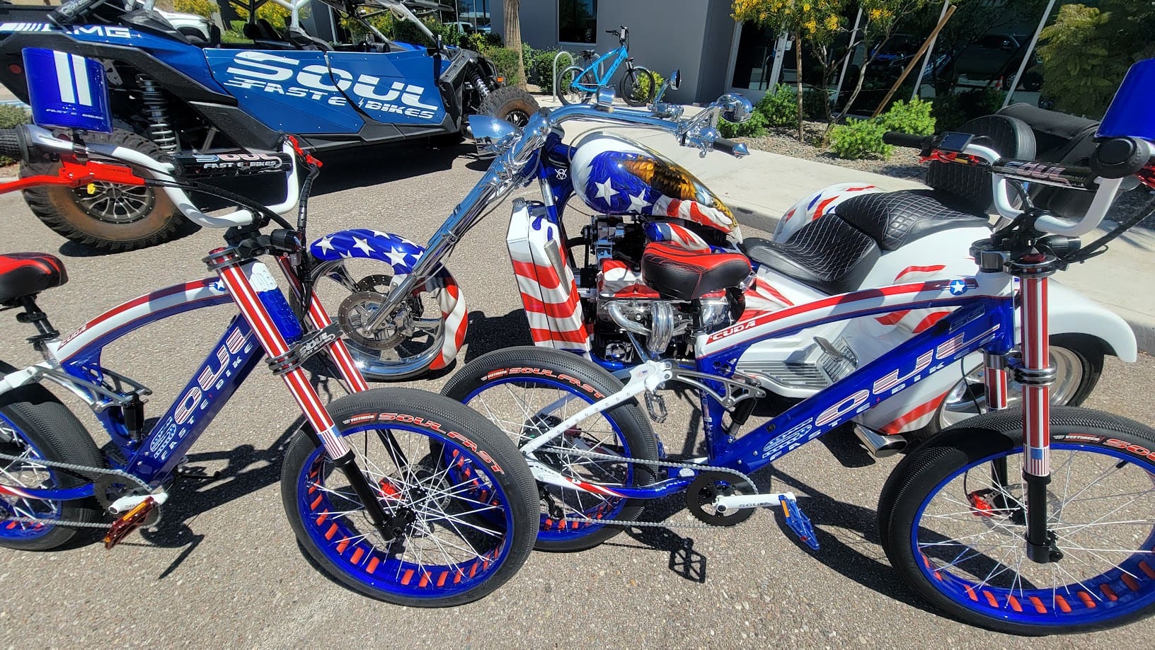 Patriotic-themed bikes with stars and stripes.