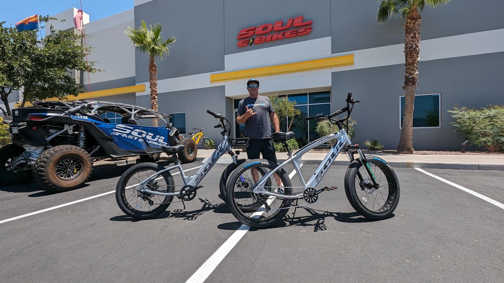 Two electric bikes outside Soul Bikes store.