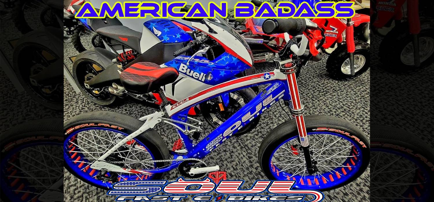 Red and blue electric bike on display.